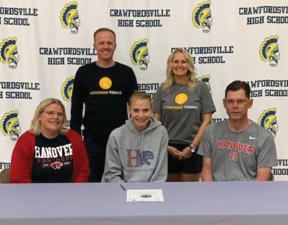 Crawfordsville senior Lauren Hale celebrated her commitment this spring to attend Hanover College, where she will continue her tennis career. PICTURED: Crawfordsville tennis coaches Jeff and Stephanie Strickland, and Lauren Hale with parents Angie and Marcus.